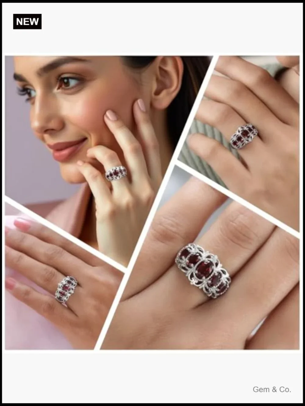 Vintage Style 5 Stone Garnet Ring Platinum Plated Promise Ring
